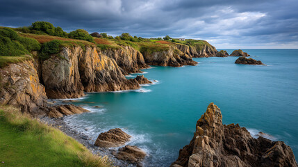 Fototapeta premium Rocky coast with lush greenery meets azure sea under a dramatic, cloudy sky