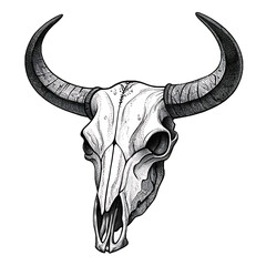 Illustration of a bull skull in black and white style.

