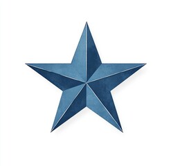 A stylized, navy blue star, with a textured, distressed appearance, set against a pure white background.  The star's points are sharply defined, giving a three-dimensional effect