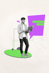 Pop banner trendy vertical photo collage of happy girl guy hold laptop type message communication...