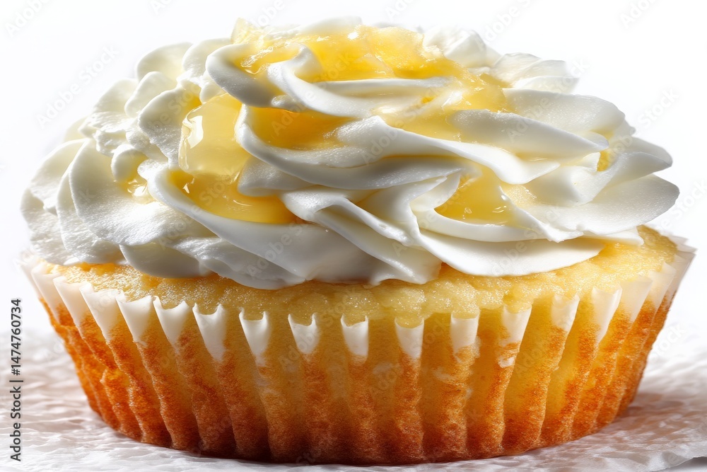 Poster delicious cupcake with whipped cream and lemon topping presented on a white background