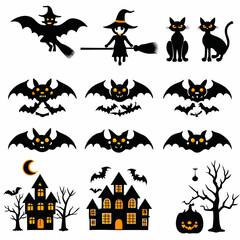 Halloween Ghost Holding Candles Free Vector,  a witch flying on a broomstick, haunted houses with glowing windows and crooked roofs, smiling and fanged ghosts,  