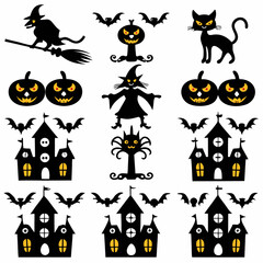 Halloween Ghost Holding Candles Free Vector,  a witch flying on a broomstick, haunted houses with glowing windows and crooked roofs, smiling and fanged ghosts,  