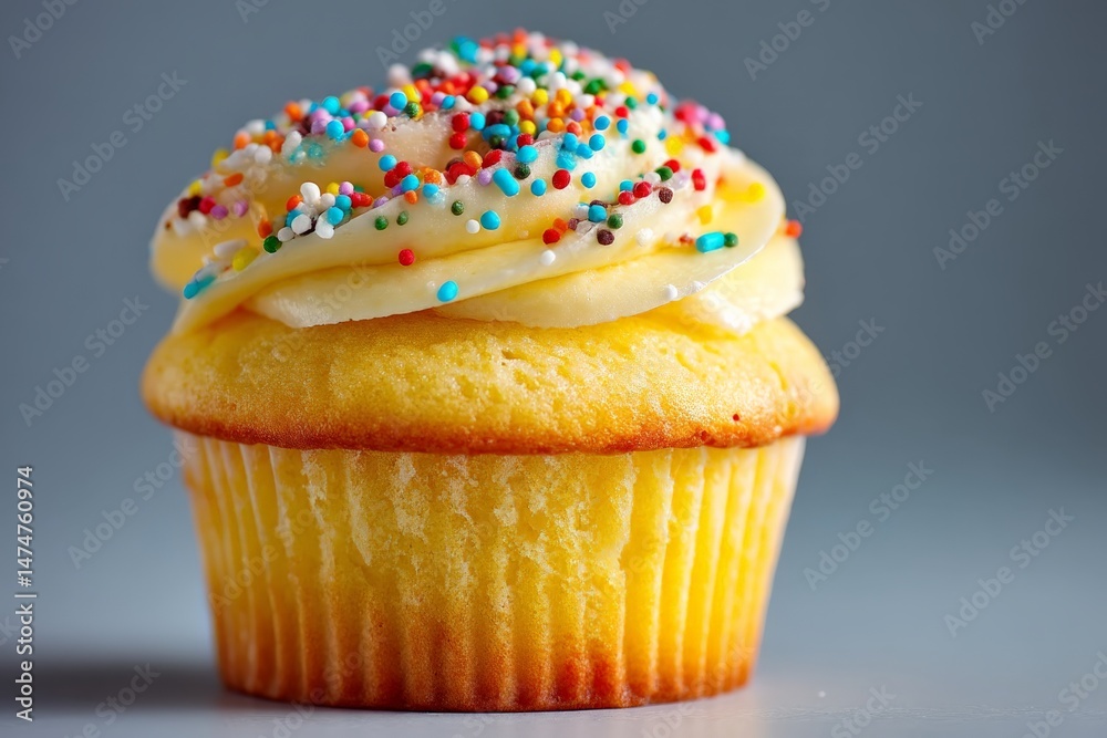 Poster delicious vanilla cupcake topped with creamy frosting and colorful sprinkles displayed against a sim