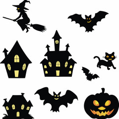 Halloween Ghost Holding Candles Free Vector,  a witch flying on a broomstick, haunted houses with glowing windows and crooked roofs, smiling and fanged ghosts,  