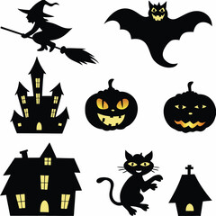 Halloween Ghost Holding Candles Free Vector,  a witch flying on a broomstick, haunted houses with glowing windows and crooked roofs, smiling and fanged ghosts,  