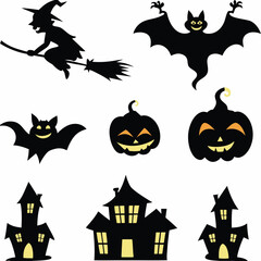 Obraz premium Halloween Ghost Holding Candles Free Vector, a witch flying on a broomstick, haunted houses with glowing windows and crooked roofs, smiling and fanged ghosts, 