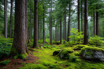 Naklejka premium Serene forest floor covered with moss, tall trees reaching towards the sky above