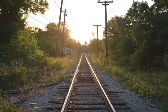 Sunlit railway tracks receding into a verdant, summer landscape