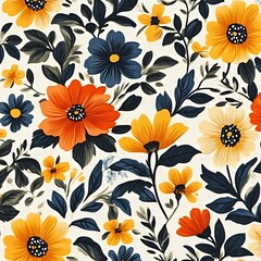 Vibrant floral pattern featuring a mix of orange, yellow, and navy blue flowers on a cream background, with dark foliage and stems
