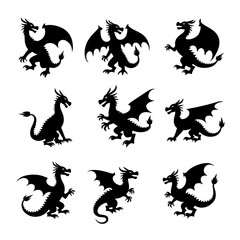 Set of cute dragon silhouettes in various playful poses, black vector collection on white background