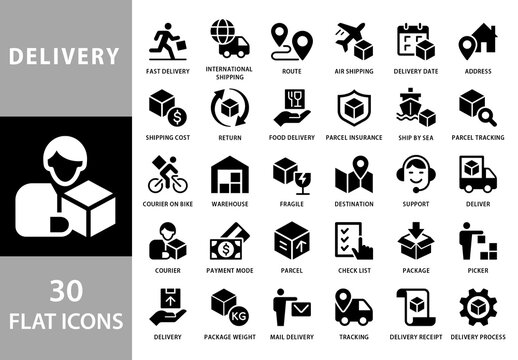 Collection of 30 Flat Style Black and White Vector Icons for Delivery Business