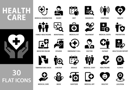 Collection of 30 Flat Style Black and White Vector Icons for HealthCare Business