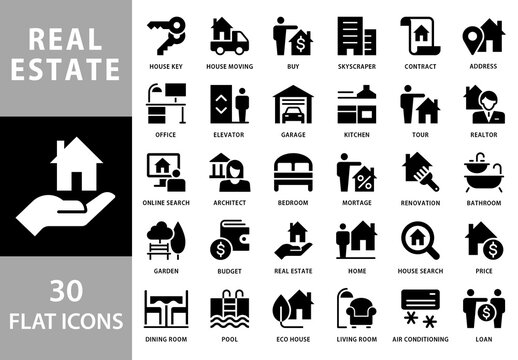Collection of 30 Flat Style Black and White Vector Icons for Real Estate Business