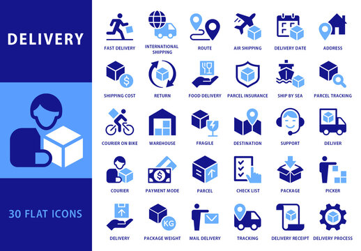 Collection of 30 Flat Style Blue Colored Vector Icons for Delivery Business