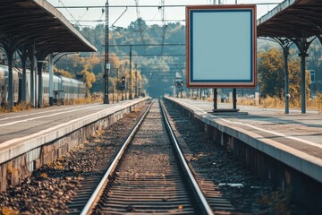 Fototapeta premium Empty train station platform with tracks stretching into the distance