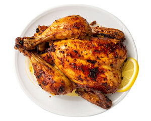 A photo of the top view of greek chicken with orz leaning on it isolated on a transparent background