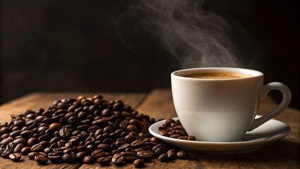 Aromatic Coffee Cup with Coffee Beans on Wooden Table