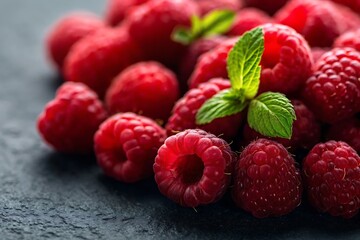 Close-up of fresh raspberries with mint leaves on dark stone