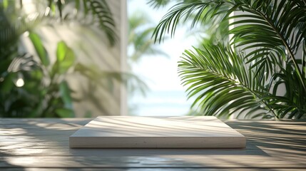 Vintage Wooden Tabletop with Blurred Tropical Beach & Palm Leaves: Summer Vacation 3D Render for Product Mockups, Travel Ads, or Custom Text Overlay Designs.