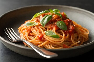 Delicious spaghetti with tomato sauce and fresh basil, ready to eat.