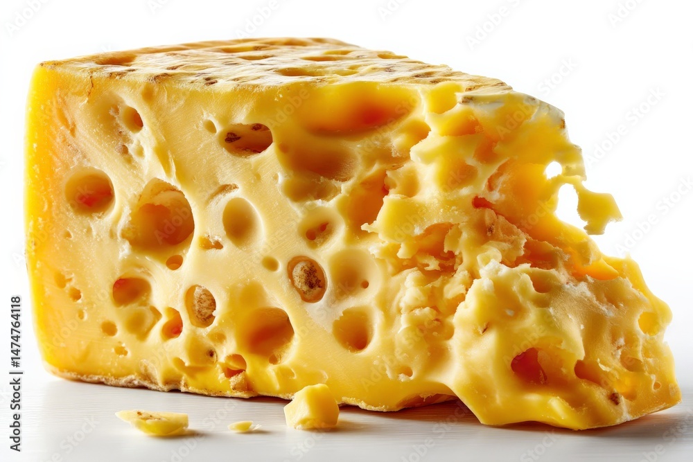 Poster delicious cheese block with holes showcasing rich texture and flavor ideal for culinary creations or