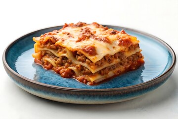 Deliciously Appetising Lasagna on a Vibrant Blue Plate