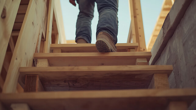 Person Ascending Wooden Stairs During Construction