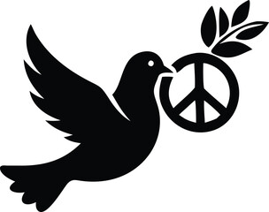 Silhouette of Dove with Olive Branch – Peace Symbol Vector Icon