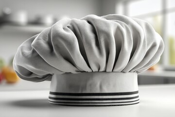 Chef's hat displayed on a kitchen counter with fresh ingredients in the background