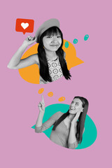 Collage of happy influencer like icon with heart symbolizing internet popularity social media trends