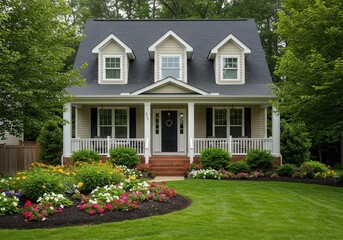 View of a suburban home with a manicured lawn and flower beds on a sunny day in a residential area