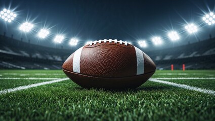 American football game on the green grass field with a brown leather ball