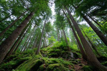 Towering trees stretch upwards in a dense forest with mossy undergrowth and hill