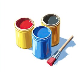 Three paint cans in primary colors, with a paintbrush