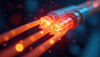 Fototapeta premium Close-up of a bundle of fiber optic cables, glowing brightly High-speed data transmission, telecommunications technology , communication technology, signal, fiber optic network