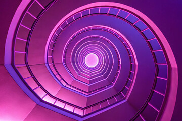 Obraz premium Graphic design art of abstract illusion of spiral with geometric shapes of pink and violet neon lines against purple background
