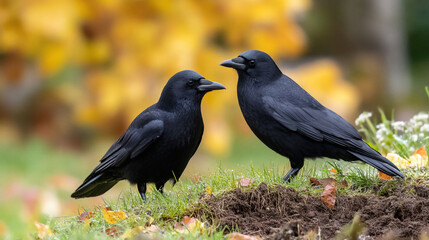 Fototapeta premium Two crows perched on grass against a blurred autumn background, side by side
