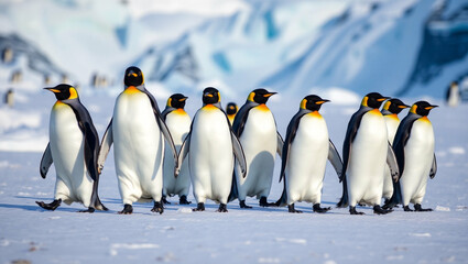 Antarctic Assembly A stately march of emperor penguins against a glacial backdrop
