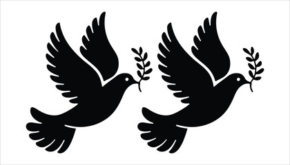 Obraz premium Two Doves with Olive Branches Silhouette Icon for Peace and Harmony Themes