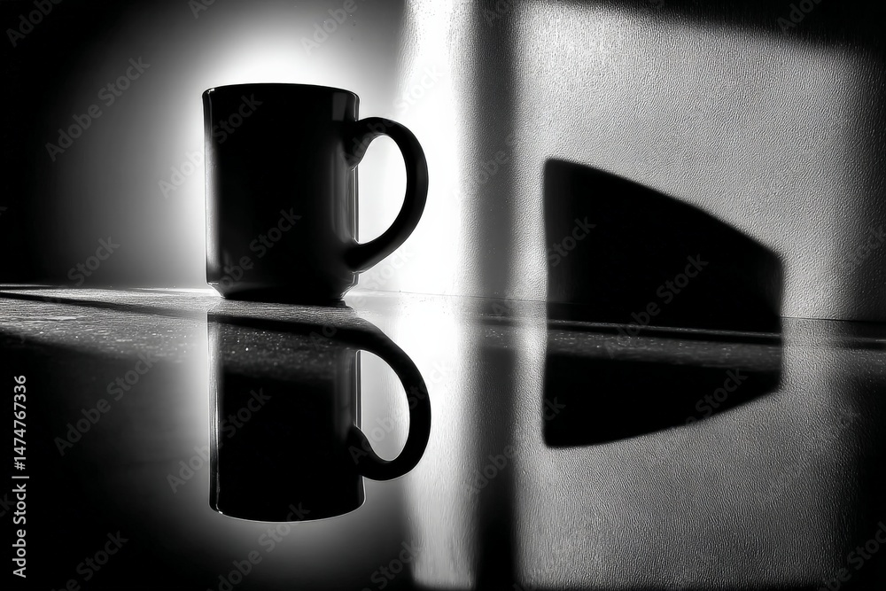 Poster silhouette of a coffee mug casting a shadow on a reflective surface in morning light