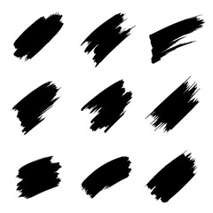 A collection of modern grungy paint brush strokes is presented, featuring calligraphy with straight smears, stamp, and lines, all hand drawn in ink and isolated on a white background with modern