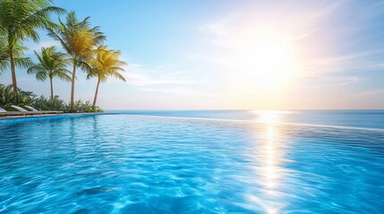 Infinity pool overlooking a sunny ocean, palm trees