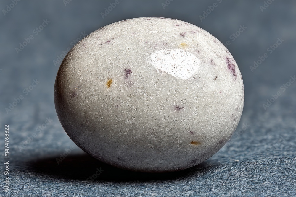 Poster stone egg with speckled texture resting on a flat surface under soft lighting