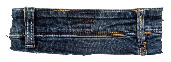 Piece of torn denim on a white background. Denim texture