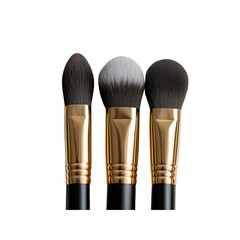 Three Professional Makeup Brushes with Gold Ferrule and Black Handles on Transparent Background