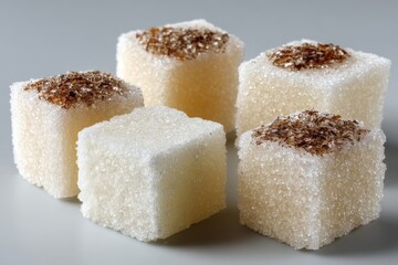 Natural sugar cubes arranged on a flat surface showing distinct textures and colors of sweetener products for culinary use