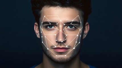Close-up of a person's face with digital facial recognition.