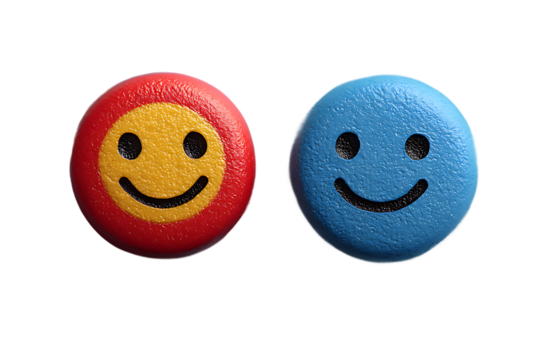 Two colorful smiley faces with a red and blue background on an isolated black surface