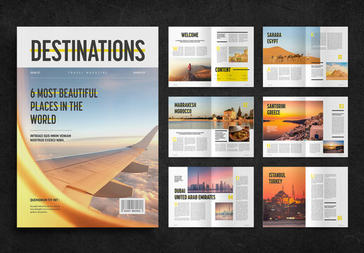 Travel Magazine Layout with Yellow Accents